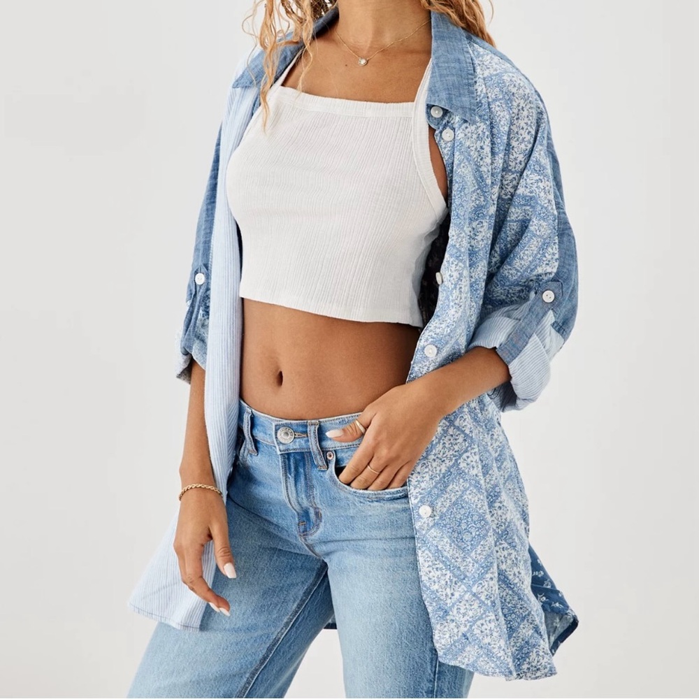 American Eagle Oversized Patchwork Denim Shirt Si… - image 2